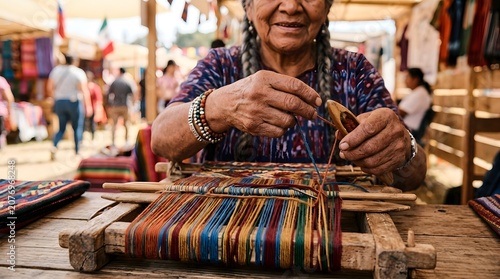 Elderly artisan skillfully weaving colorful threads on traditional loom outdoors