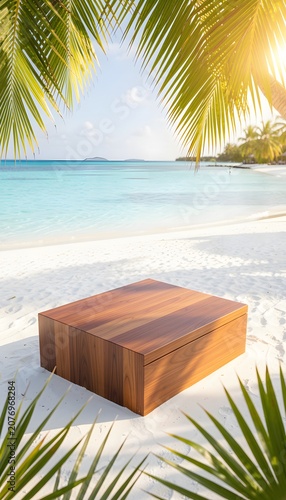 Premium vertical tropical beach product display with an empty wooden podium, turquoise ocean, palm leaves, and bright summer sky