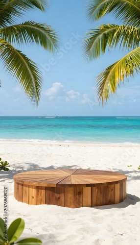 Premium vertical tropical beach product display with an empty wooden podium, turquoise ocean, palm leaves, and bright summer sky