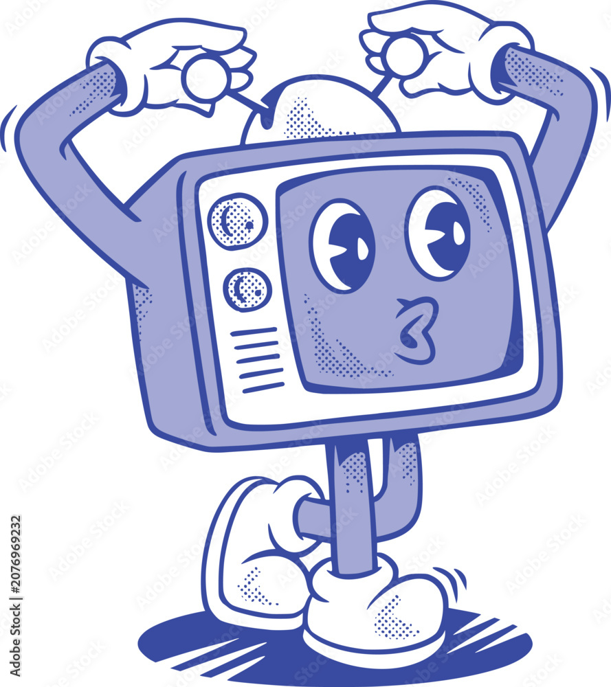 Naklejka premium Blue line art vector illustration of a surprised retro television character holding its antennae overhead, standing in sneakers on a white background