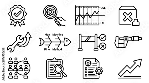 Quality control and management process icons set.