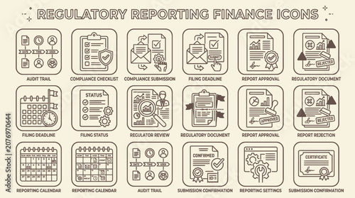 Regulatory reporting and finance line icons set.