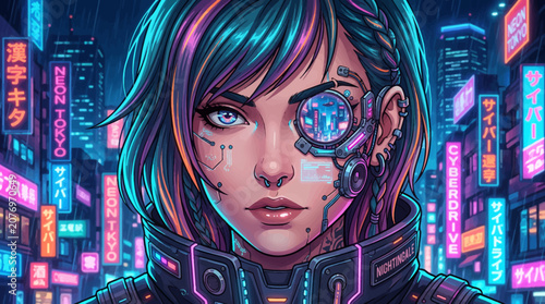Portrait of a Cybernetic Woman in a Neon Lit Futuristic City.