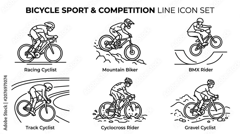 Obraz premium Bicycle Sport and Competition Line Icon Set Featuring Cyclists.