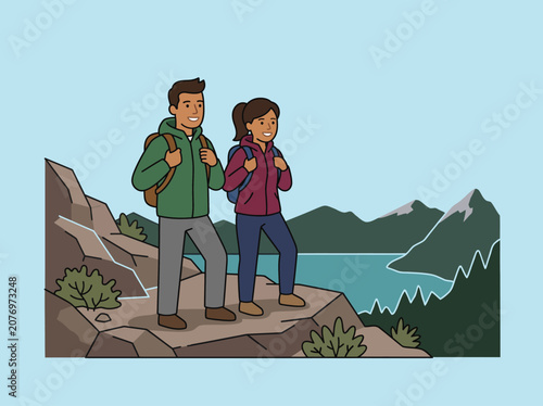 Flat vector illustration of a couple hiking in picturesque mountain and lake scenery