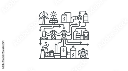 Integrated renewable energy grid network connecting factory and storage.