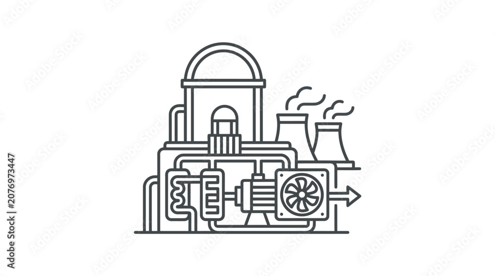 Fototapeta premium Nuclear energy station with industrial cooling tower plant icons.