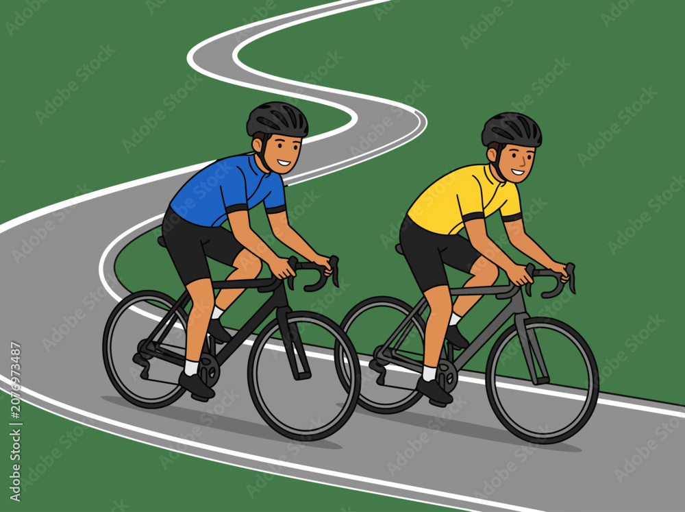 Obraz premium Two male cyclists actively riding bicycles on a winding outdoor road, a vibrant 2D vector illustration of sport and fitness