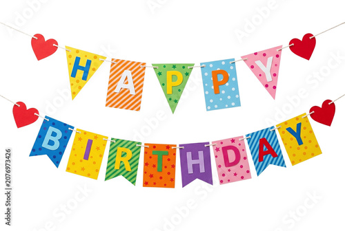 Fotografía Colorful happy birthday bunting banner with red hearts