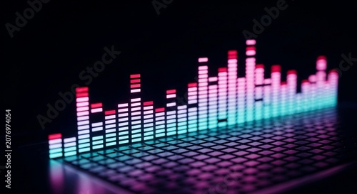 Vibrant equalizer lights display bars in a spectrum, visualizing audio levels with dynamic neon glow.