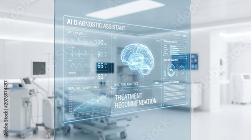 High-tech medical HUD interface displaying artificial intelligence doctor dashboard in medical blue tones over a bright modern clinic. Perfect for modern healthcare technology presentations and med...