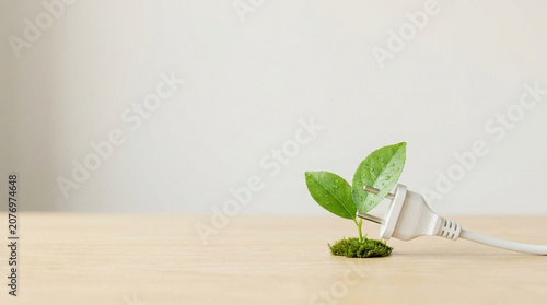Green energy concept with a power plug and a fresh green leaf.
