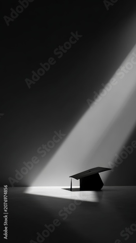 Minimal neutral background with only shadow silhouette of graduation cap, dramatic lighting, huge blank copy space