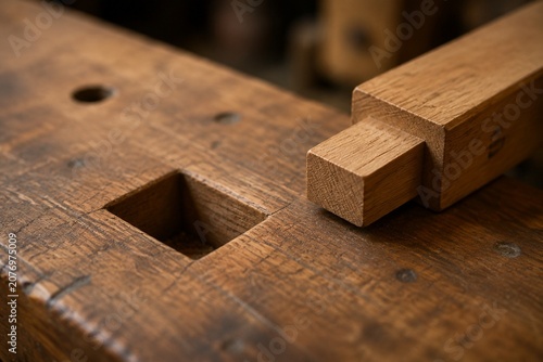 Square mortise hole on a workbench with a tenon piece beside it.
