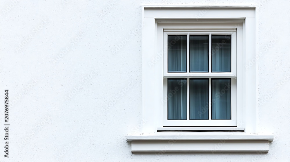 Fototapeta premium Modern white exterior wall with a single double-hung window featuring blue curtains and detailed window sill.