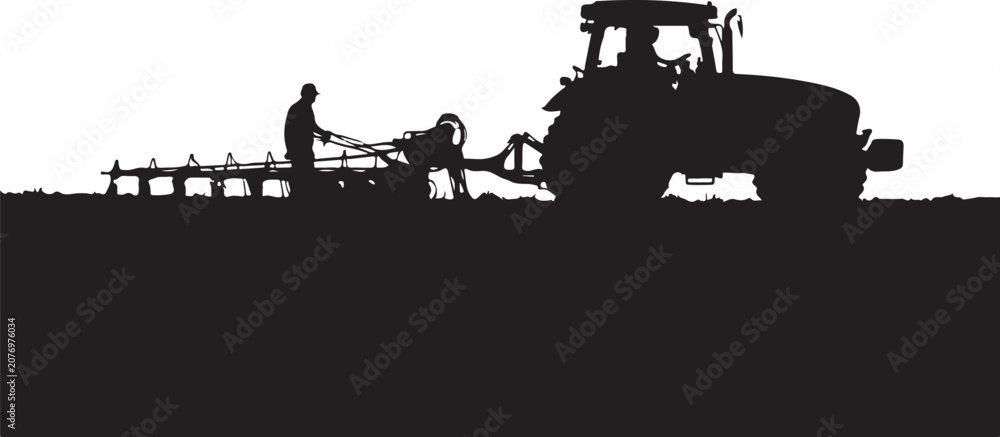 Obraz premium Silhouette of tractor and farmer in field, agricultural scene