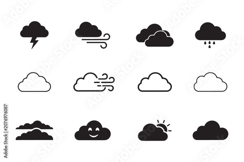 cloud icon set vector silhouette, clouds weather icons line art vector