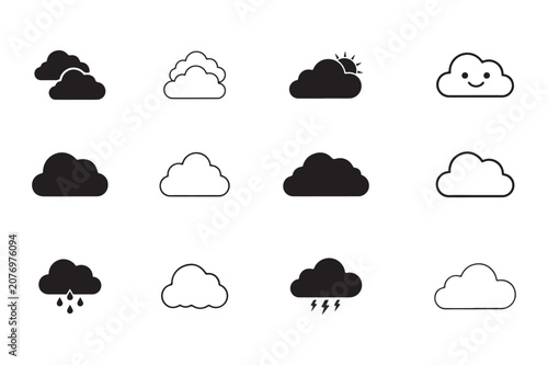 cloud icons vector silhouette, clouds weather icon set line art vector