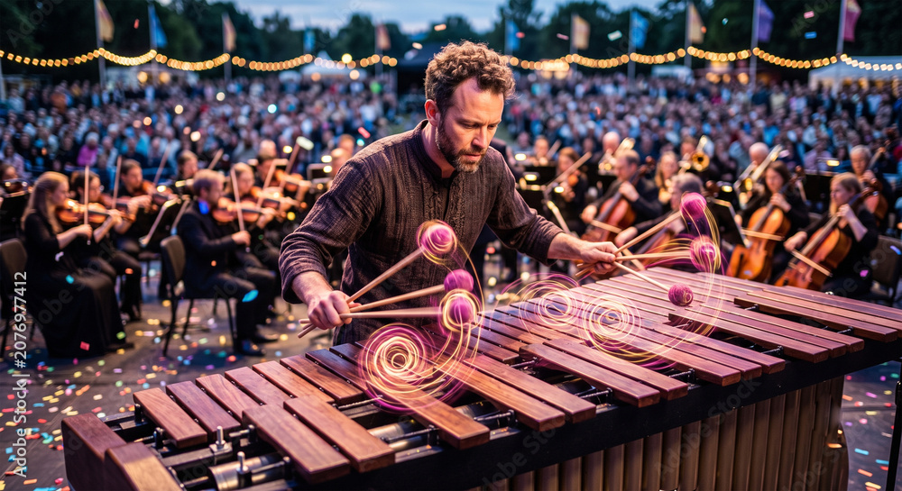 Obraz premium A dynamic action shot of a percussionist performing at a lively, outdoor orchestral concert, capturing the high-speed motion blur of the mallets dancing across the wide range of the marimba,