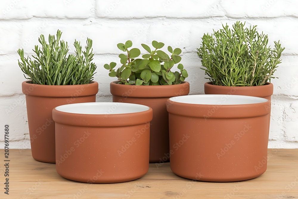 Fototapeta premium Collection of Four Empty Terracotta Plant Pots with Green Herbs on Light Wooden Surface in Front of White Brick Wall
