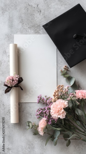 Minimalist graduation flatlay with graduation cap, rolled diploma with ribbon, elegant flower bouquet and blank space, clean modern layout