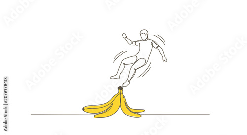 Quadro su tela Man slipping on banana peel, cartoon style, white background, accident, falling