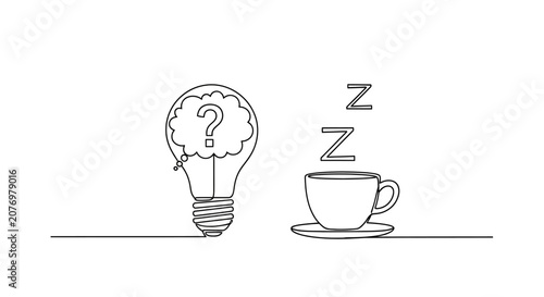 Принти на полотні Lightbulb with question mark brain and coffee cup with Zzz symbols, concept of creative block and caffeine solution
