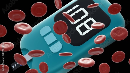 Fotografía A 3D rendering of glucometer with a test strip inserted and red blood cells floats dynamically