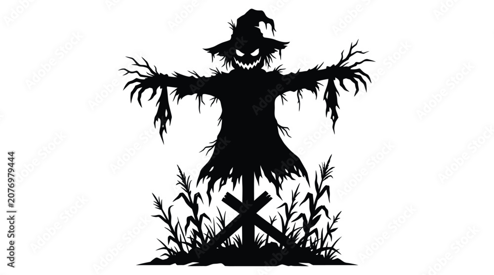 Fototapeta premium Scary black silhouette of a wicked scarecrow with glowing white eyes standing in a field during a dark night for a festive halloween holiday graphic design