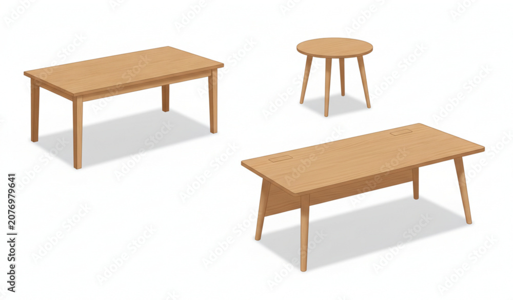 Fototapeta premium Wooden Tables Set Isolated on White Background Vector Illustration