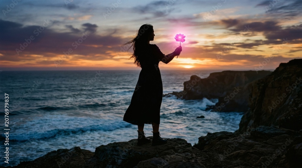 Fototapeta premium Woman standing on rocky cliffside holding glowing pink flower at sunset