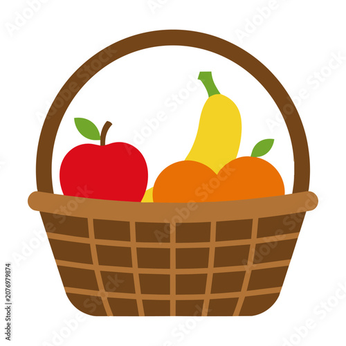 Wicker basket filled with fresh red apple, yellow banana and citrus orange in a minimal flat design style healthy eating concept