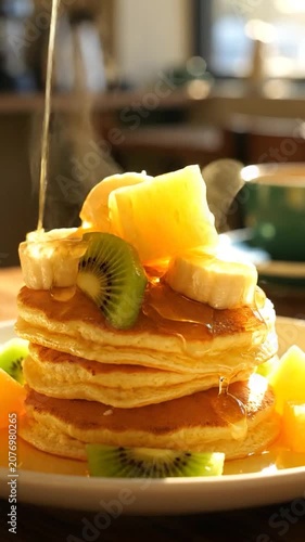 Sweet syrup pours over fluffy pancakes with fresh fruit