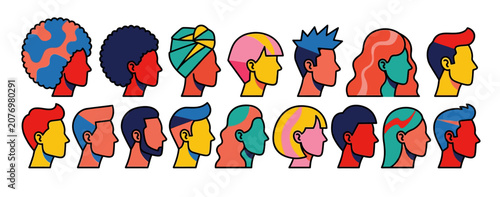 Abstract colorful diverse human profiles in modern flat vector style for creative agency branding and multicultural corporate presentations