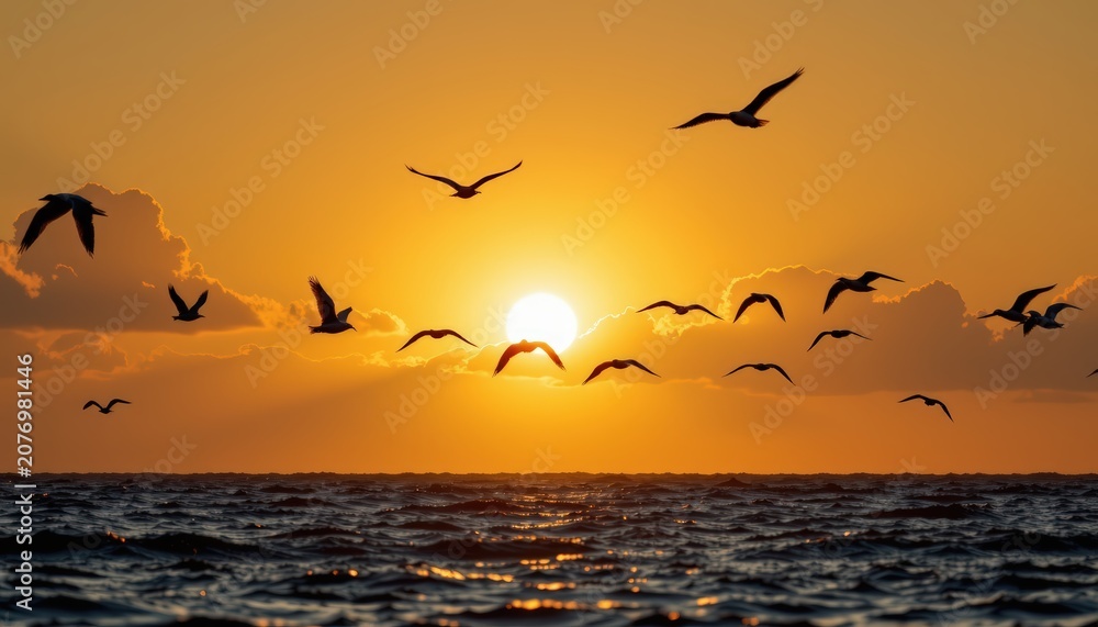 Fototapeta premium A graceful flock of white birds flying across a golden sunrise sky above calm ocean waters