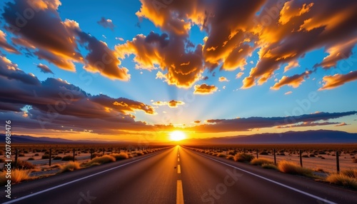 A long winding asphalt highway stretching toward a brilliant sunrise across an open desert landscape