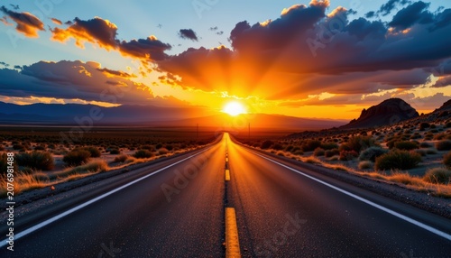 A long winding asphalt highway stretching toward a brilliant sunrise across an open desert landscape
