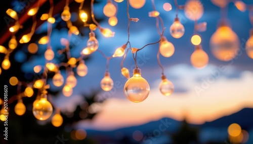 Elegant golden fairy lights suspended against a deep blue evening background