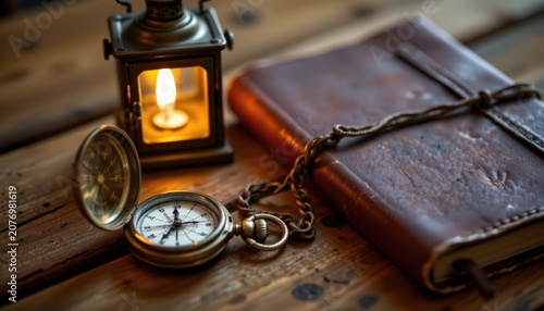 A vintage brass compass resting beside an antique pocket watch and weathered leather journal on a ru