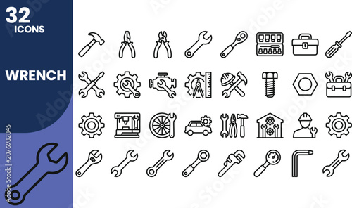 Professional wrench and tools line icon set featuring repair, maintenance, engineering, construction, mechanics, workshop equipment, hand tools, and industrial service outline symbols.