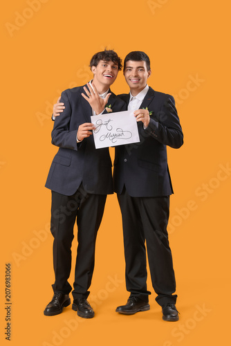 Happy gay couple holding pa...