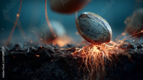 hyperrealistic close-up of seed being planted in soil with glowing roots growing underground, nature regeneration concept, 8k cinematic macro