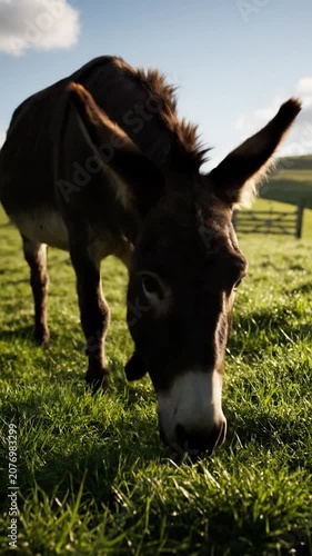 A brown donkey grazes on a lush green meadow at sunset