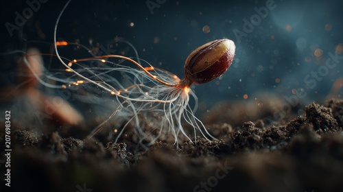hyperrealistic close-up of seed being planted in soil with glowing roots growing underground, nature regeneration concept, 8k cinematic macro