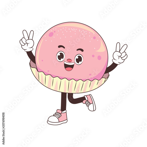 Cute pink mochi vector mascot in flat comic style with paper cup liner and peace sign for traditional sweet Japanese dessert cafe menu concept isolated on white background.