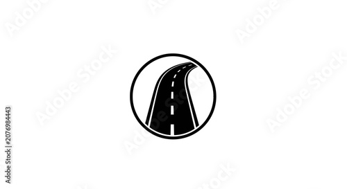 A simple black and white icon depicting a winding road inside a circular frame