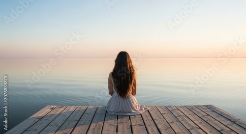 Woman sitting on a wooden pier overlooking a serene ocean at sunset peaceful contemplation