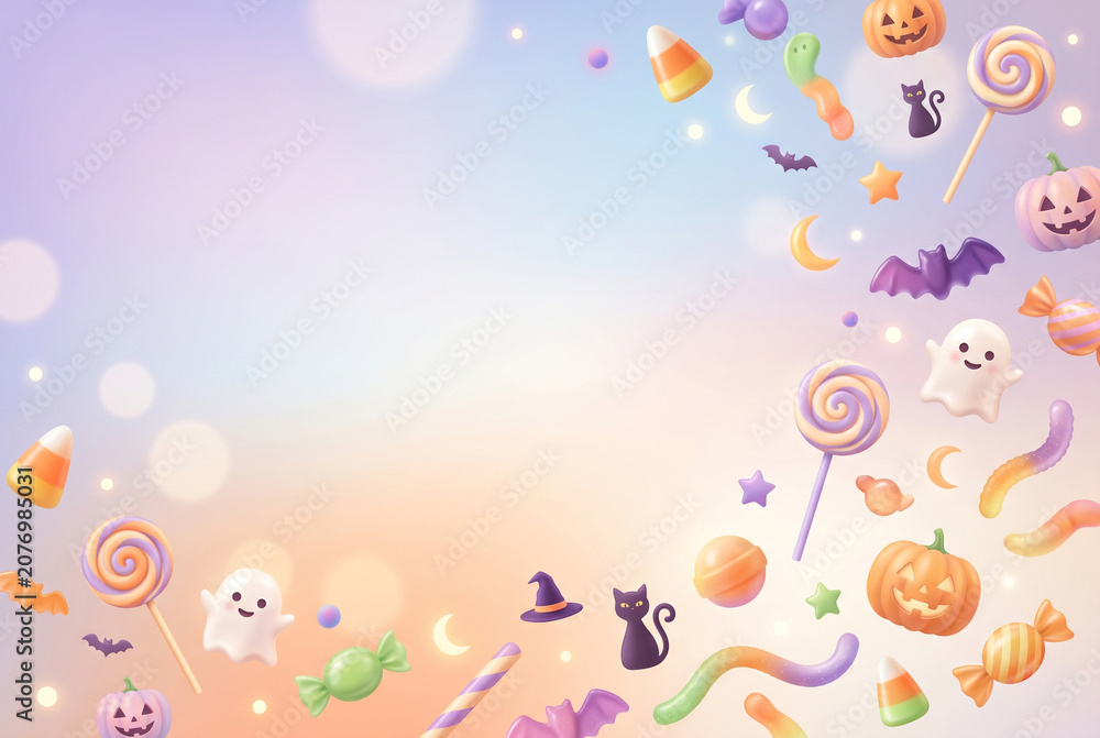 Naklejka premium パステルカラーのハロウィンお菓子背景 Generative AI