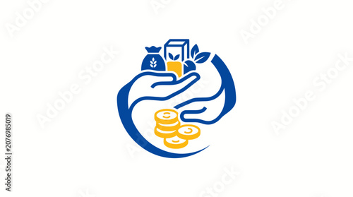 Charity and Sustainable Donations Icon Featuring Hands Holding Food and Coins