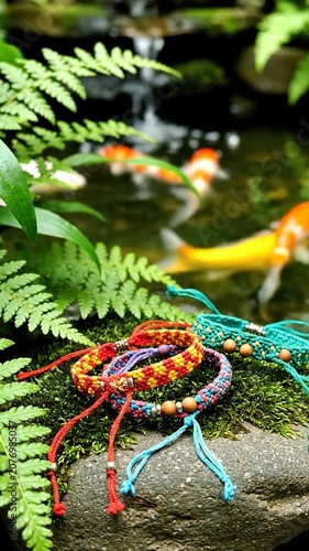 Colorful handmade bracelets rest on a mossy stone by water